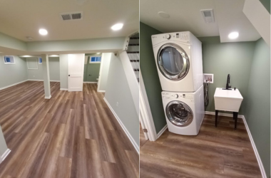 Home Finished basement remodel with vinyl plank flooring, recessed lighting, big space for office and laundry area with stacked washer and dryer.