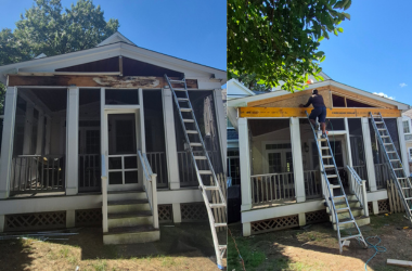 Home Before and after, porch end roof repair showing water damaged wood beam replacement and structural restoration